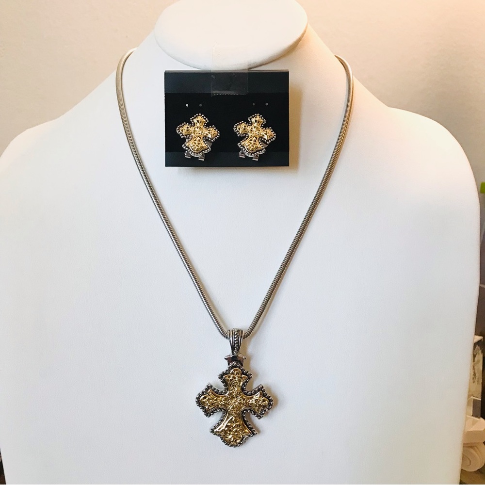Fleur De Lis Cross Pendant Necklace And stud Earrings Set